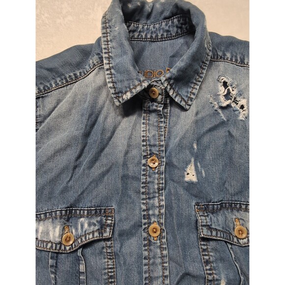 Studio F Women Button Down Long sleeve Shirt Jean Type Ripped Distressed - Picture 8 of 16